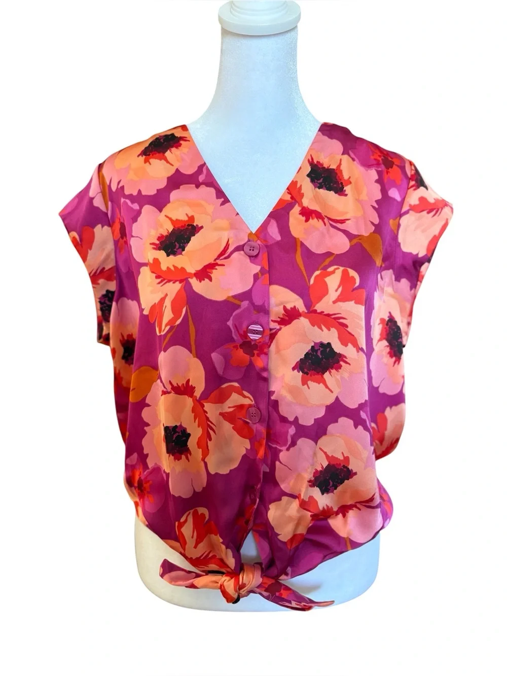 New Medium DR2 Orange Pink Floral Satin Tie Front Top